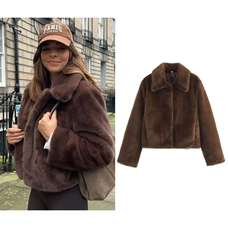 

Autumn Women Faux Fur Short Jacket Casual Lapel Collar Women's Coat Fashion Warm Button Jacket Female Chic Tops