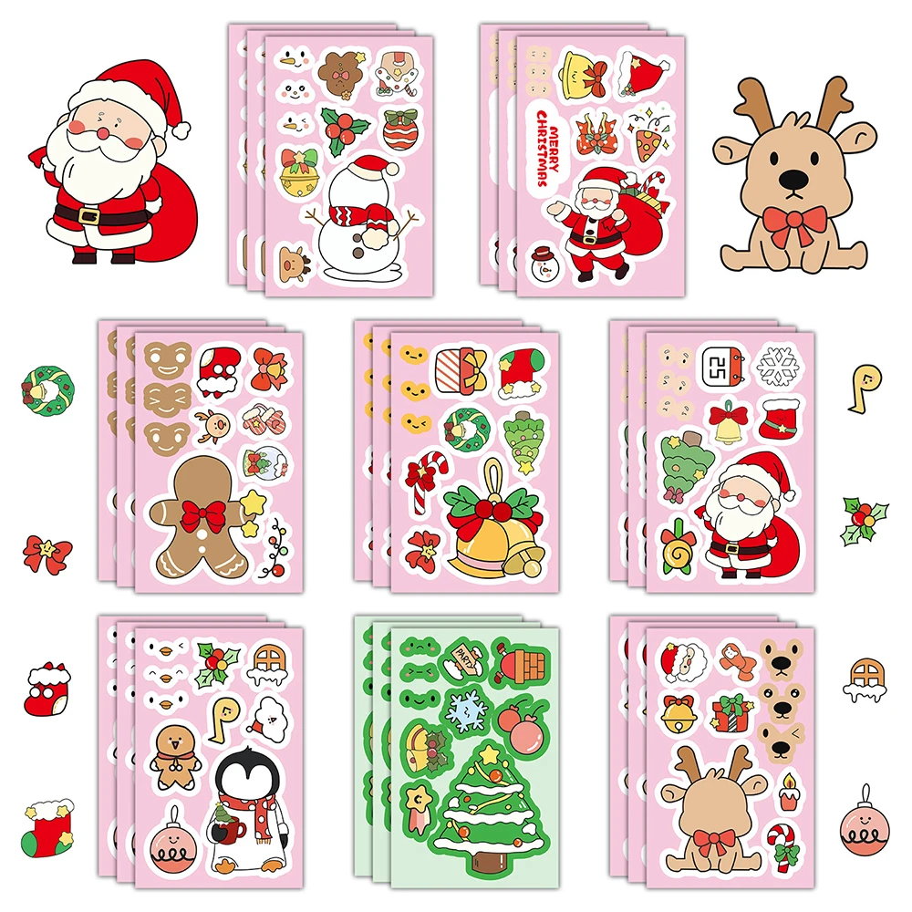 

8/16Sheets Cute Christmas Santa Claus Puzzle Stickers Children Make a Face Cartoon Assemble Jigsaw Kids Toys DIY Game Decoration