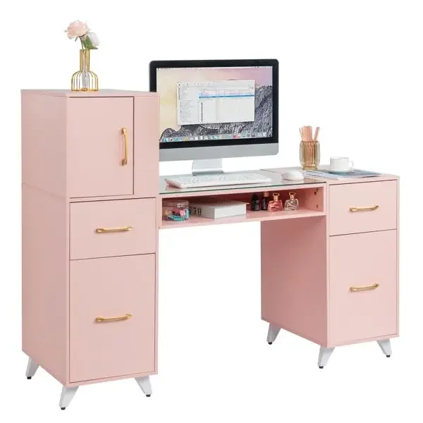 

Pink Relief Manicure Table with Shelves, Glass Top Nail Table Station w/Storage Drawers, Cabinet, Nail Tech Table, Customized