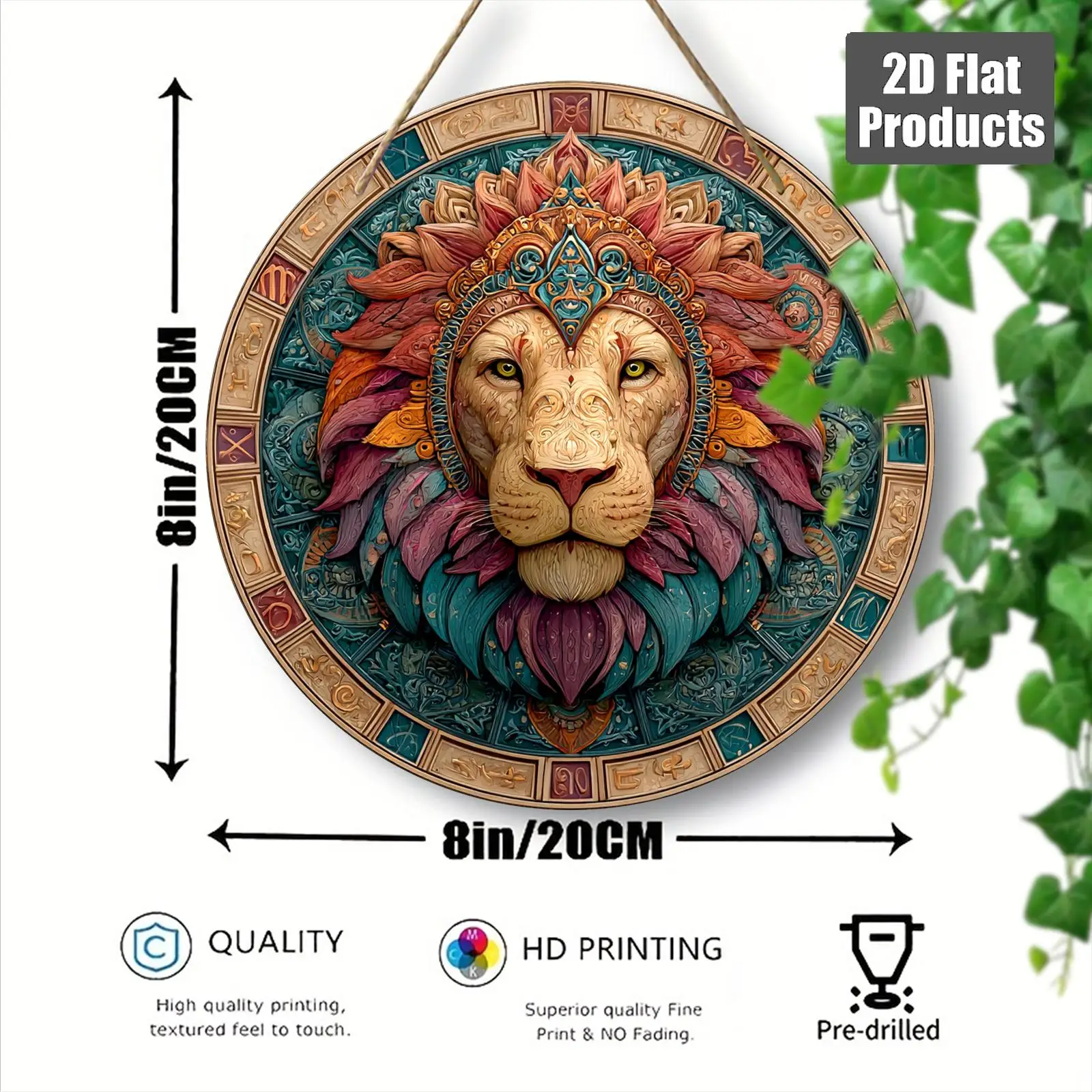 2D Flat, 1pc Wall Plaque - Indian/Chinese/Thai/Burmese Art Style Wood Round Wall Decor, 20.32x20.32 cm Hand-Painted-Look Cultura