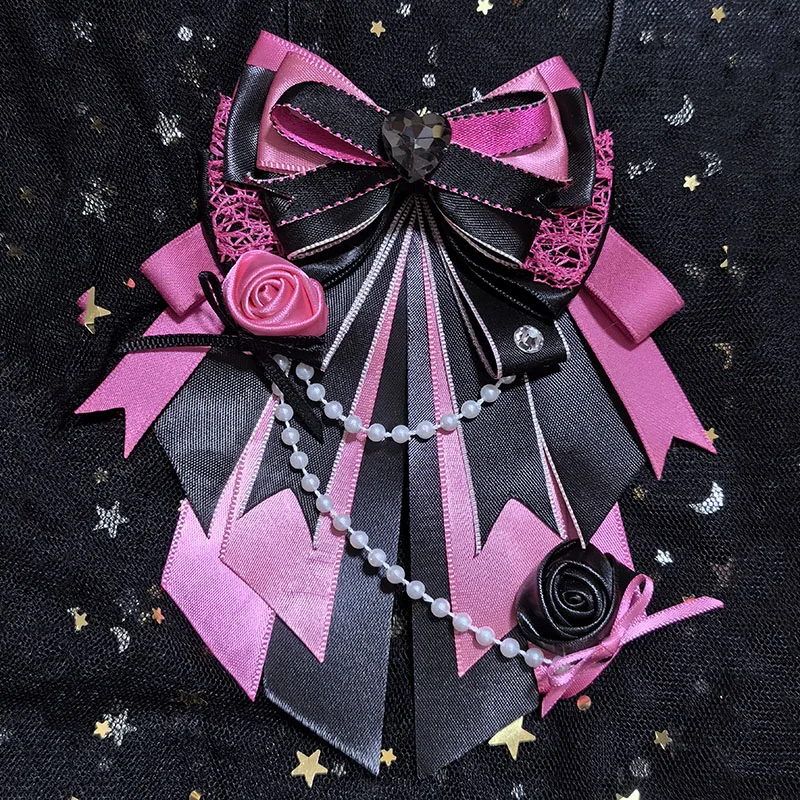 Handmade Ribbon Bows Tie Cosplay Anime Support Sticks Bow High-end Luxury Rhinestone Brooch Original Women's Shirt Collar Flower