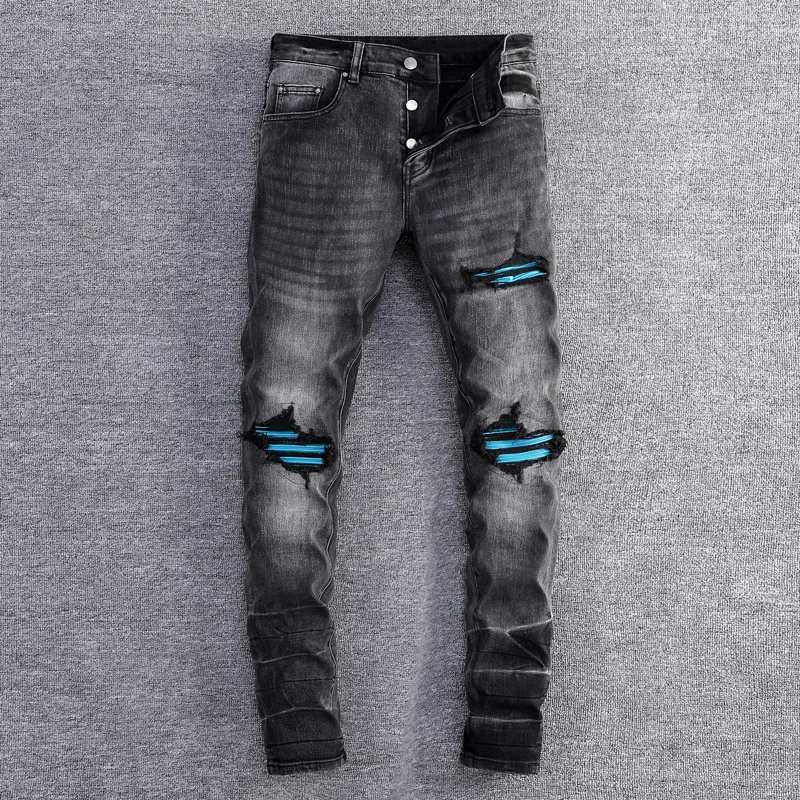 

Fashionable new men's jeans, elastic slim fit, washed with water, nostalgic distressed black jeans, designer high street hip-hop