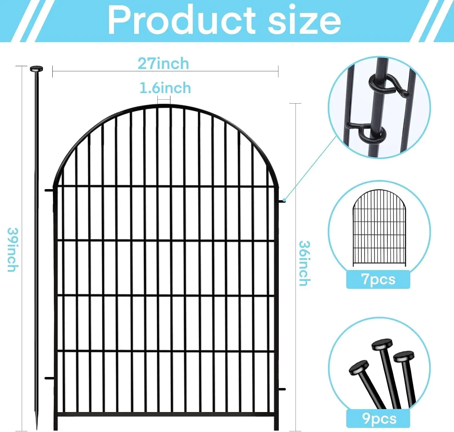 Garden Fence Border, 36 in(H) x17.5 Ft(L) 8 Panels, Tall Garden Animal Barrier Fence with Gate, Dog Fence Outdoor for Yard
