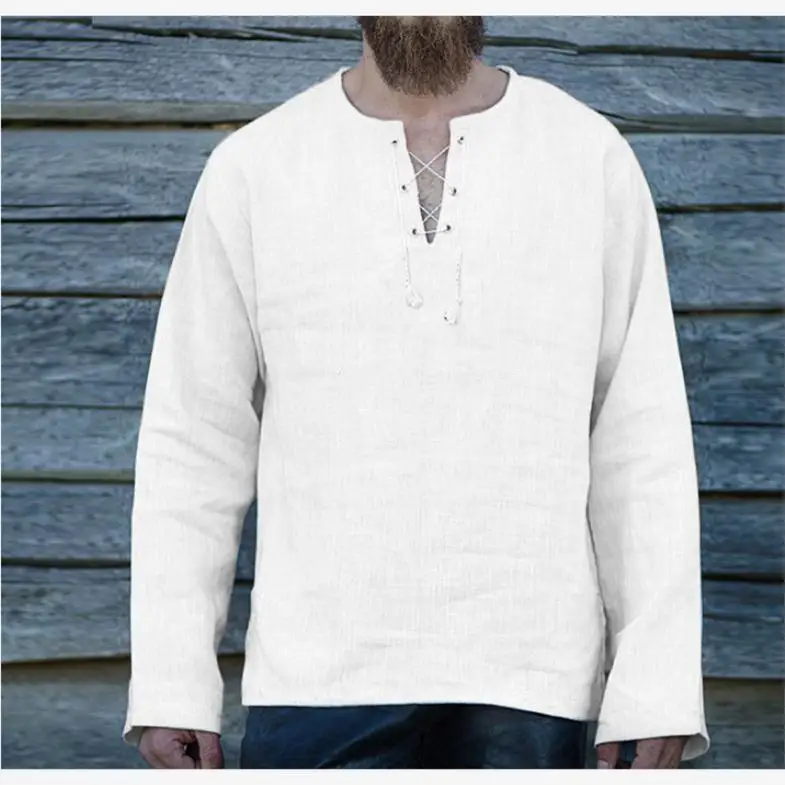 

Loose Fit Long Sve V-Ne Cotton Linen Men's T-irt Spring Autumn New Sle Pure Color Belted Casual Youth Faion