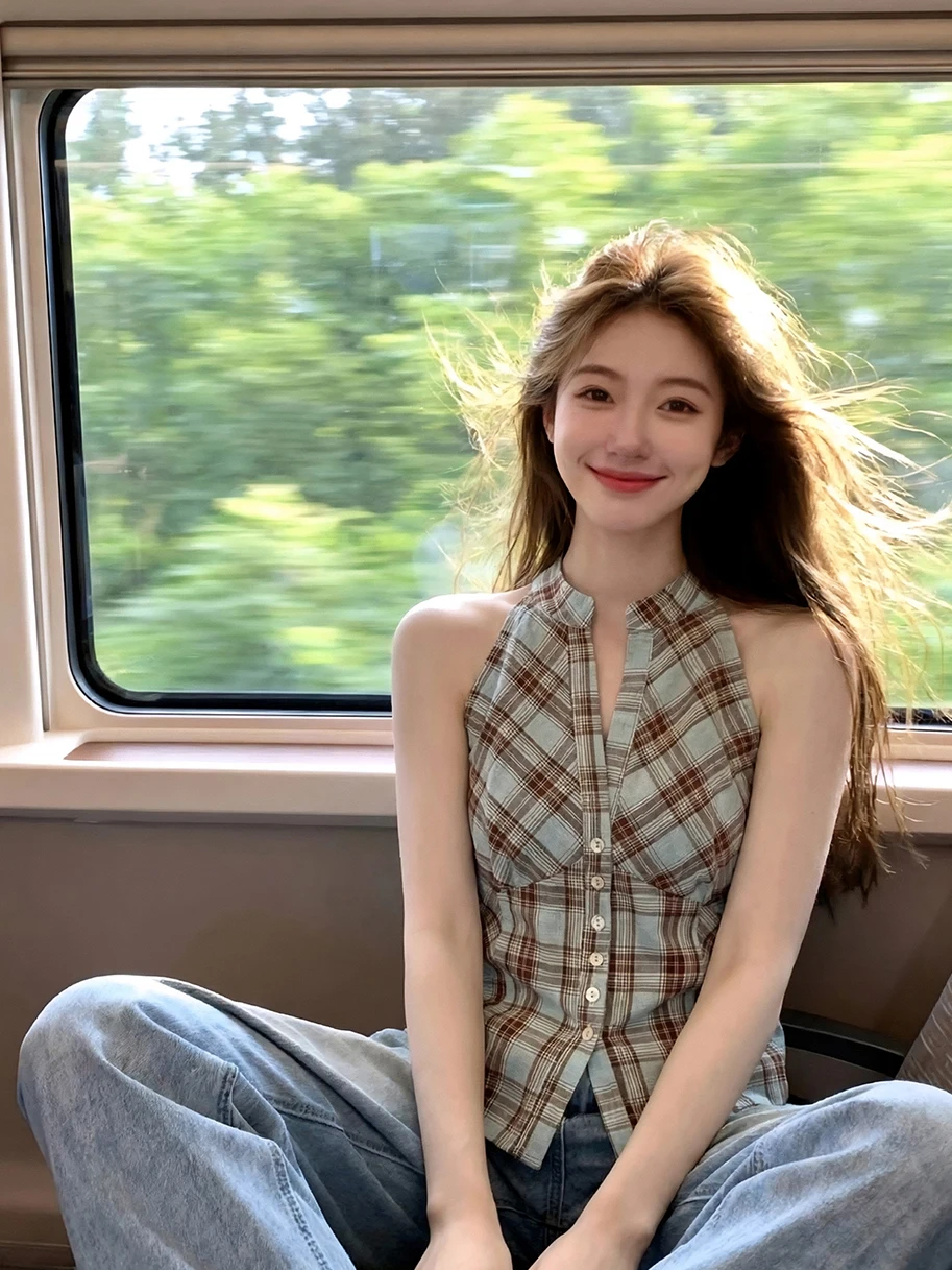 

Уникальная клетчатая рубашка без рукавов в американском стиле, женская рубашка без рукавов с завязками на шее, весенне-летний дизайн, утягивающий топ, модный унисекс-топ