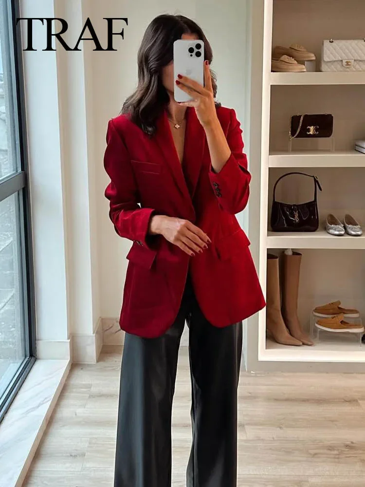 TRAF Female Blazers Coats Red Turn Down Collar Long Sleeves Pockets Decorate Single Button Woman\'s Fashion Spring Jackets