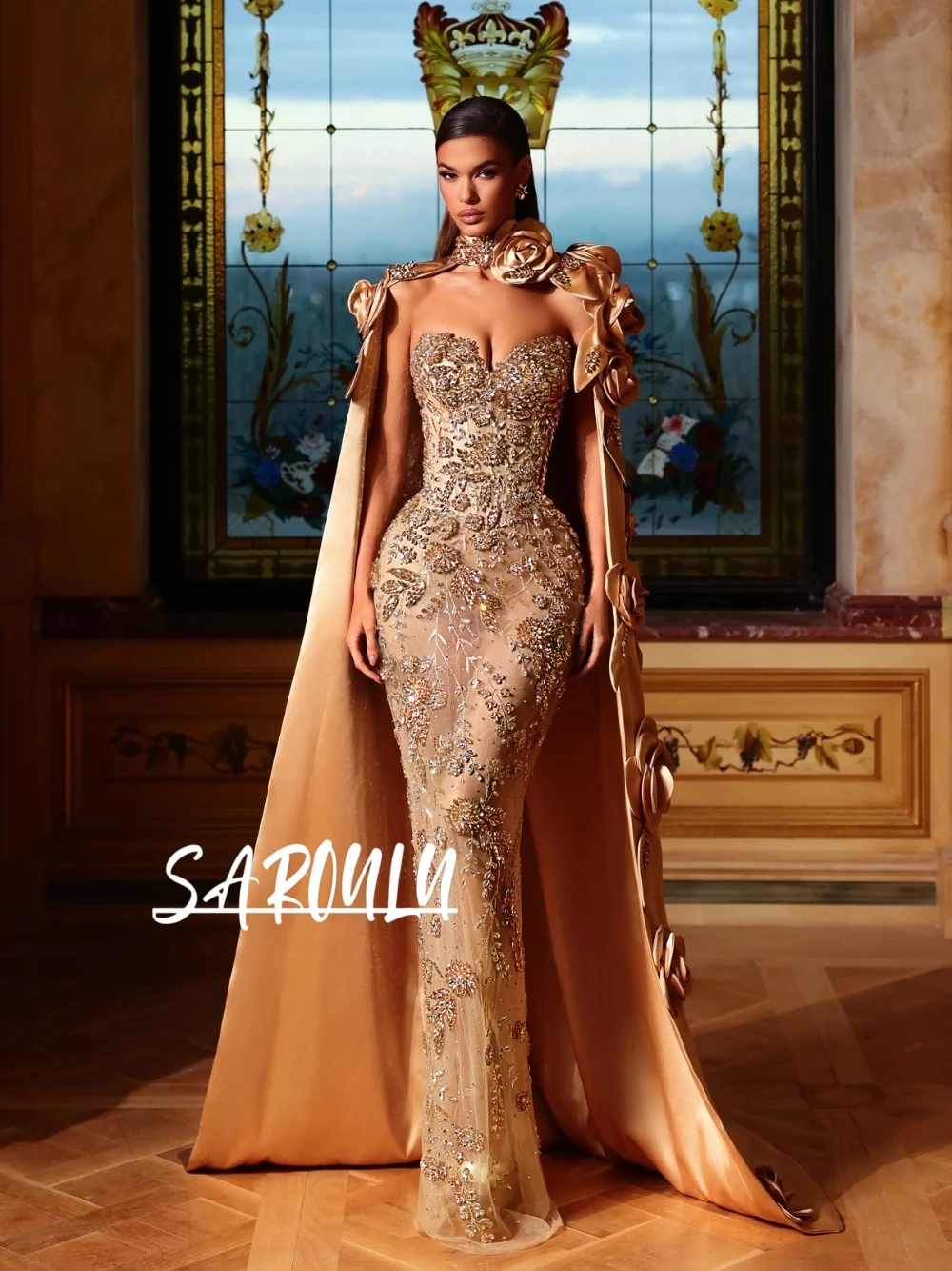 

Noble Crystals Beads Evening Dress With Flowered Cape Sexy Illusion Glitter Customized Prom Gown Stunning Fashion Formal Wear