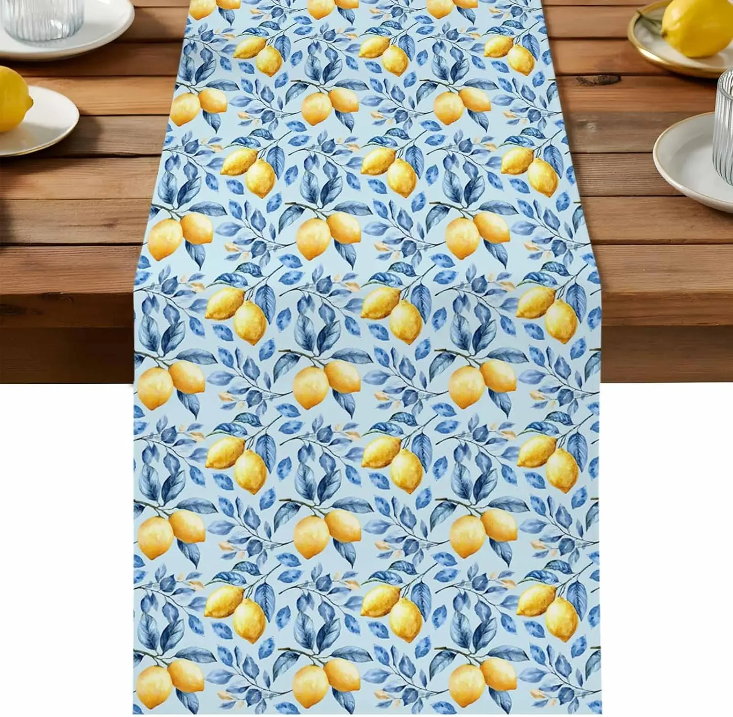Summer Idyllic Lemon Blue Linen Table Runner Home Decorations Watercolor Flowers Leaves Kitchen Dining Table Runners Party Decor