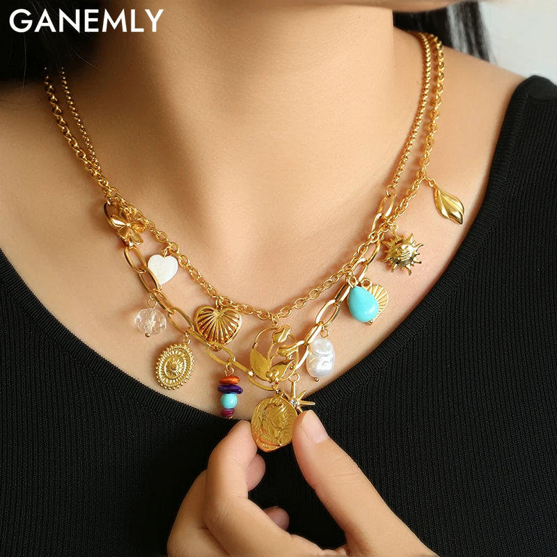 

GANEMLY 316L Stainless Steel Tulip Flower Portrait Pendant Necklace For Women Golden Handmade Neck Chain Waterproof Jewelry