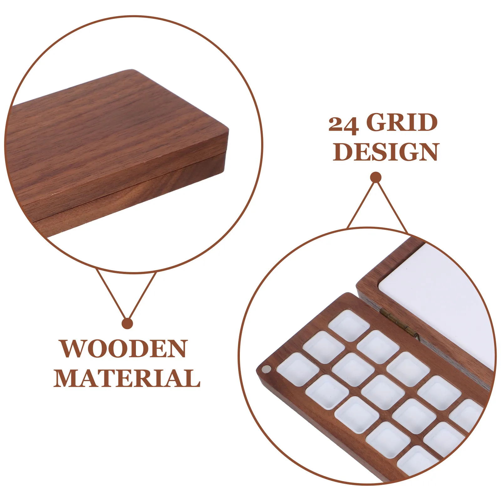 Empty Watercolor Palette Box Solid Wood Portable Travel Watercolor Paint Palette with 24 Grid Mixing Trays for Plein Air