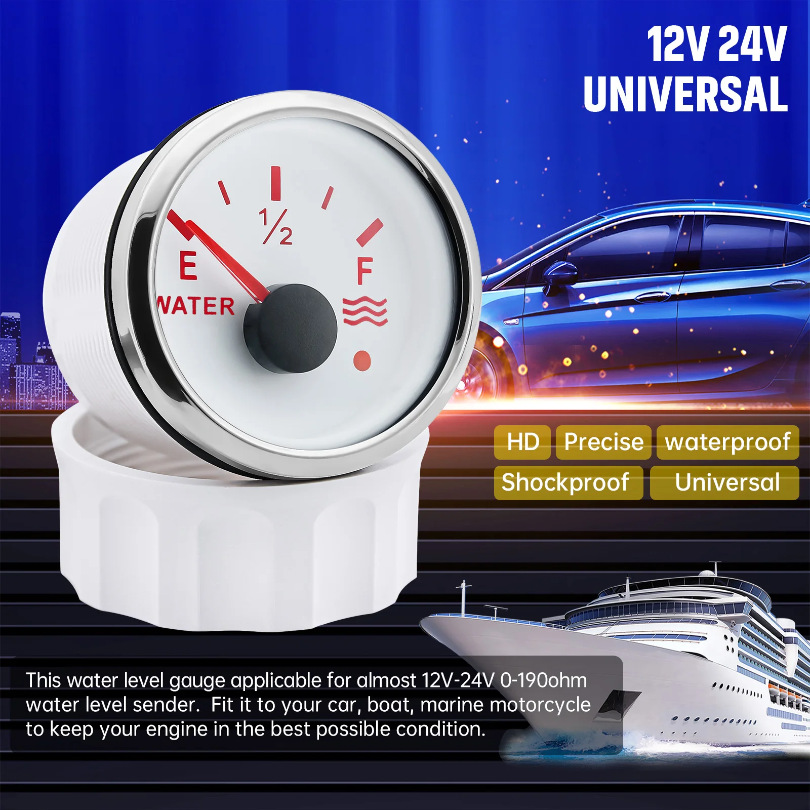 52mm Water Level Gauge 7 Color Backlight with Flash Alarm +100~550mm Water Level Float Sensor 0-190 Ohm Car Gauge for car boat
