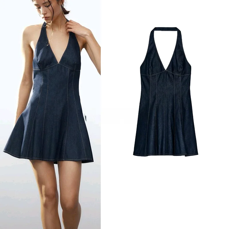 

Spring Summer New Women's Cotton Denim Off-oulder ort Dr V-ne Casual High-waisted No-sve Single-piece Polyester F...