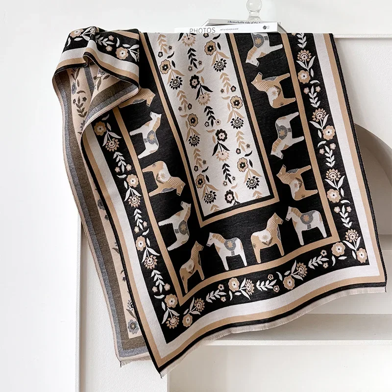 2024 Winter Cashmere Scarf Women Animal Print Thick Warm Shawls Wraps Luxury Brand Horse Printed Pashmina Blanket Cape
