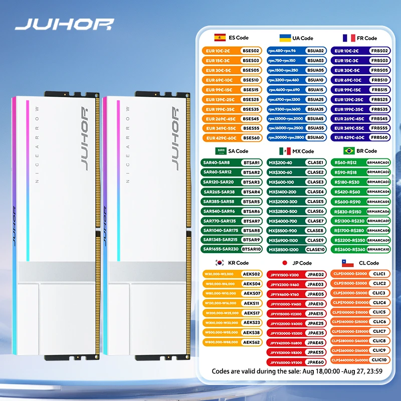

JUHOR RGB DDR5 16 ГБ 6000 МГц 6800 МГц 32 ГБ (16 ГБX2) Высокопроизводительная настольная память Ram