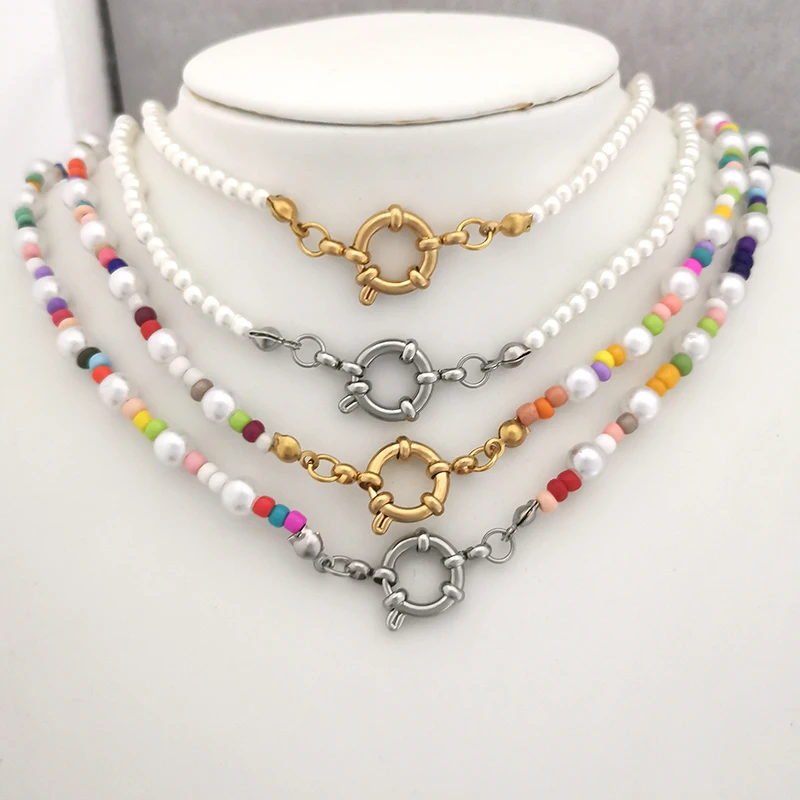 QMHJE Boho Imitation Pearl Necklace Women Choker Stainless Steel Clasp Sailor Buckle DIY Base Chain Beach Gold Color Wholesale