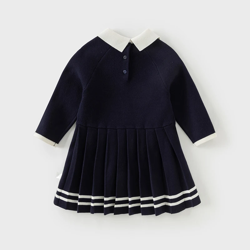 Dave Bella Kid Girls Dress Navy Blue Polo Dress Sweet College Style Autumn New Long Sleeve Students Children Dresses DB3242216