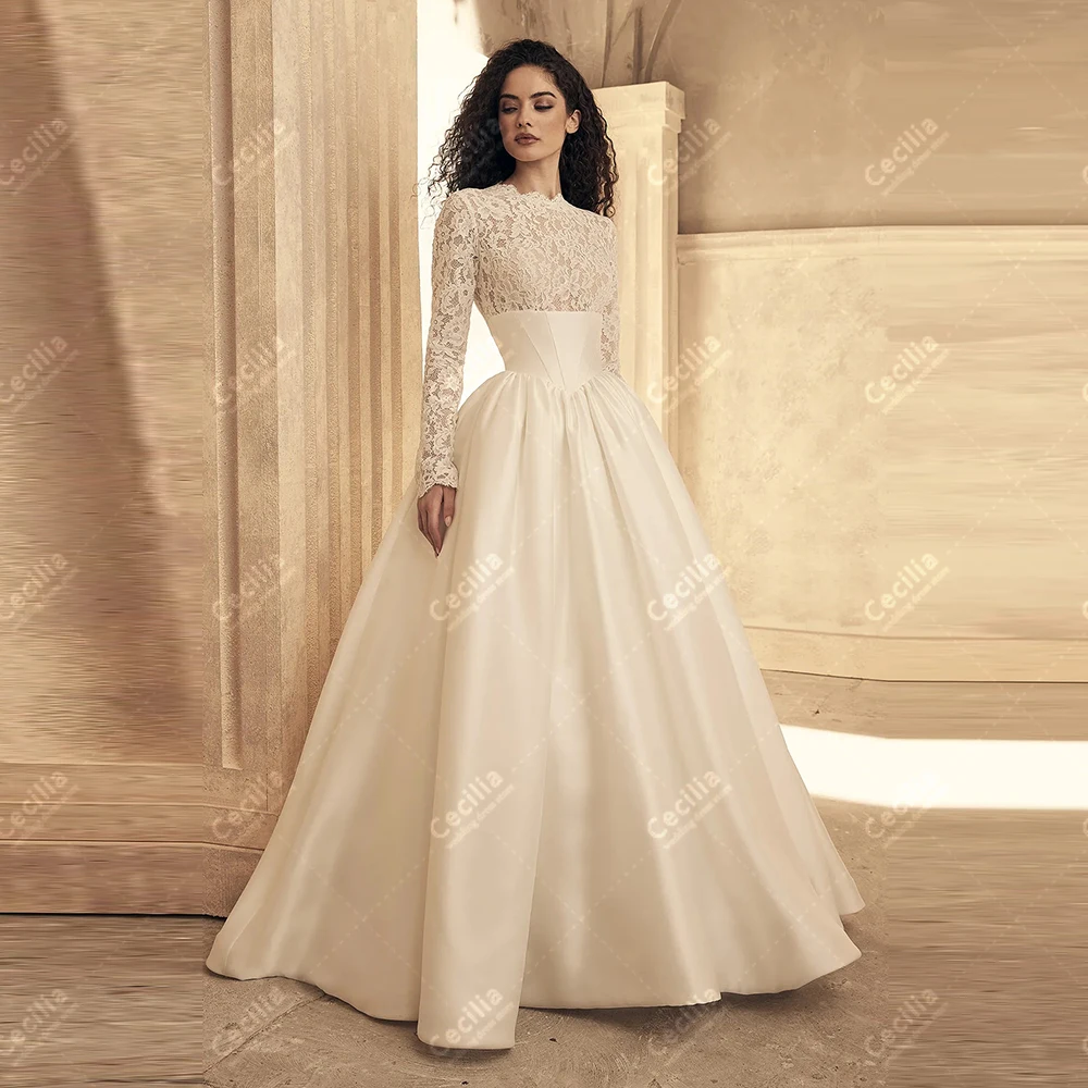 Gorgeous Wedding Dresses A Line Satin Bridal Gowns Modest Robes Full Sleeves Charming Muslim Customized Vestidos De Novia 2025