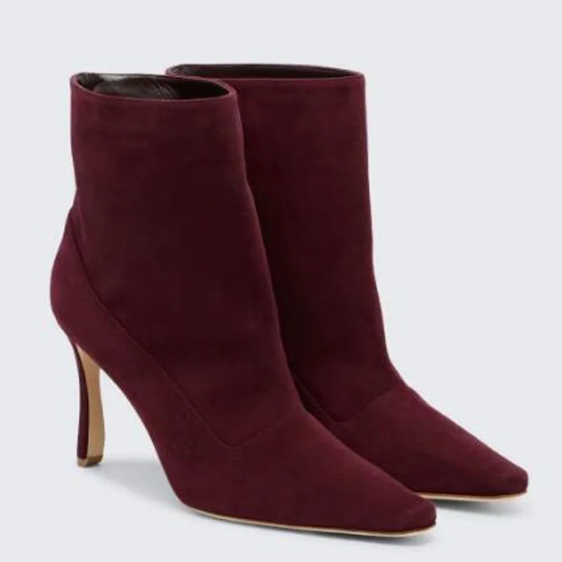 Burgundy Solid Suede Pointed Toe Ankle Boots Fashion Women Special Shaped Stiletto High Heels Elegant Slim Fit Short Boots