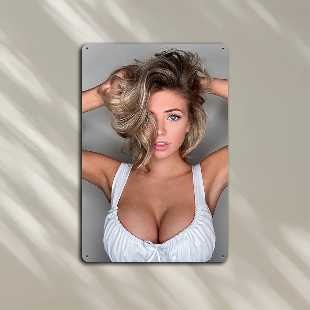 2026 Sexy Blonde Girl Metal Wall Sign with Red Lips & Bow Décor-8x12 Inch Durable Poster for Man Cave, Bar, Home Office - Easy I