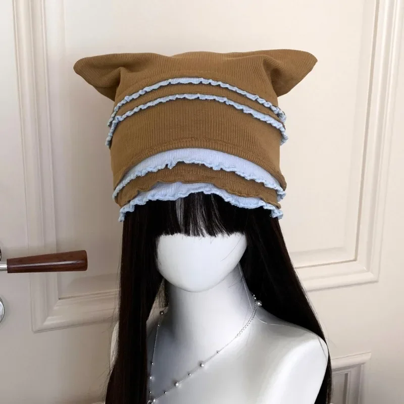 Women's Autumn Winter Color Block Ruffled Ear Beanie Trendy Versatile Ear Flap Hat