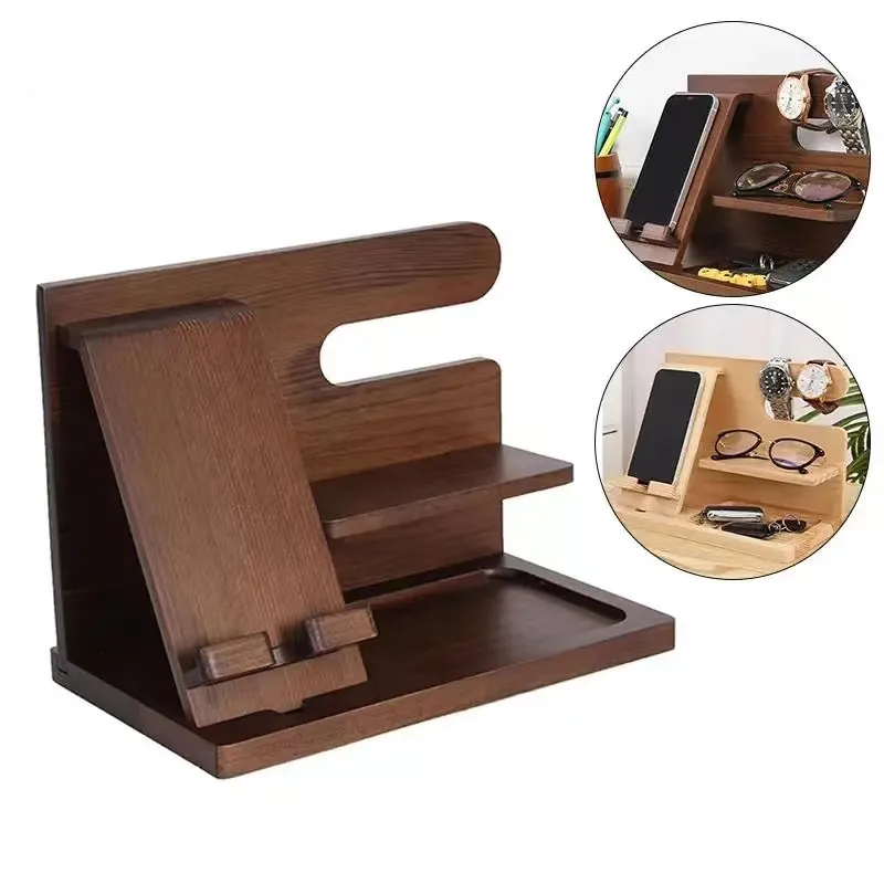 

New Black Walnut Wood Mobile Phone Stand Adjustable Rotating Desktop Stand Multifunctional Wooden Bedside Watch Organizer Gift