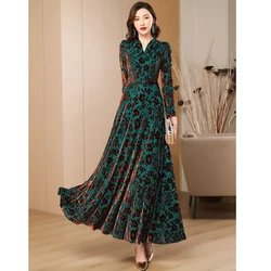 Spring Autumn New Gold Velvet Long Sleeve Dress For Women High Grade Green Plush Jacquard Long Dress Female Elegant Dresses 4XL