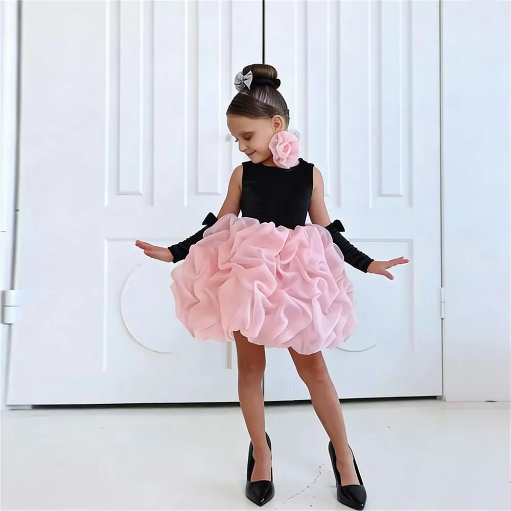 

Customized Sleeveless Flower Girl Wedding Dress Velvet Bow Girls Cake Skirt Princess Birthday Party Dress Kids Communion Gown
