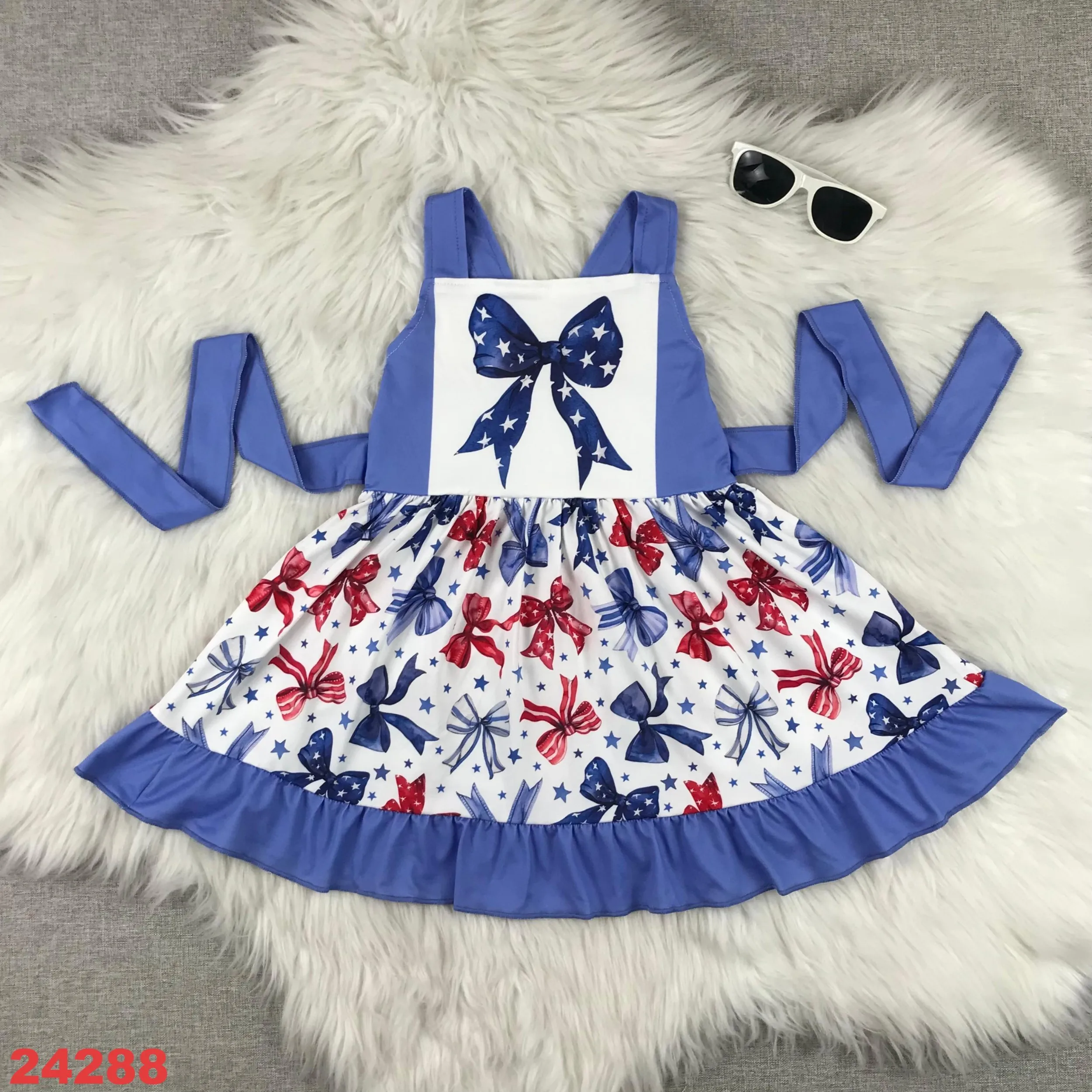 

Sleeveless bow 4th of July Girls Dress - USA Flag Star Bow Backless Sundress, Patriotic Party Outfit for Toddler Kids 2-8 Years