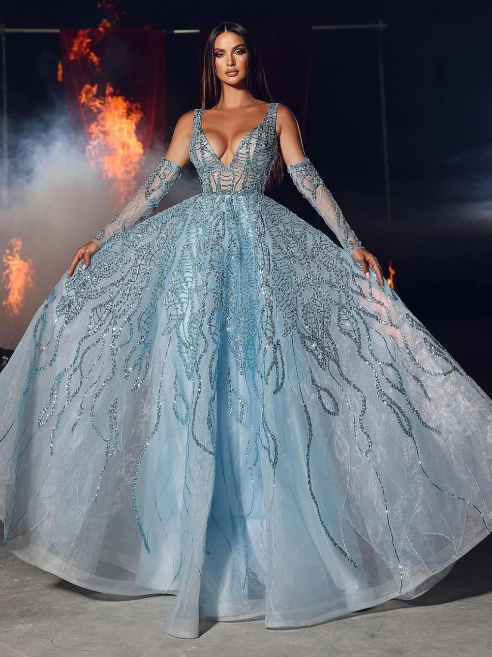 Blue Sexy Deep V Neck Evening Dress Celebrity A Line Shimmering Beads Sequins Cocktail Party Gown Customized Classy Prom Wear