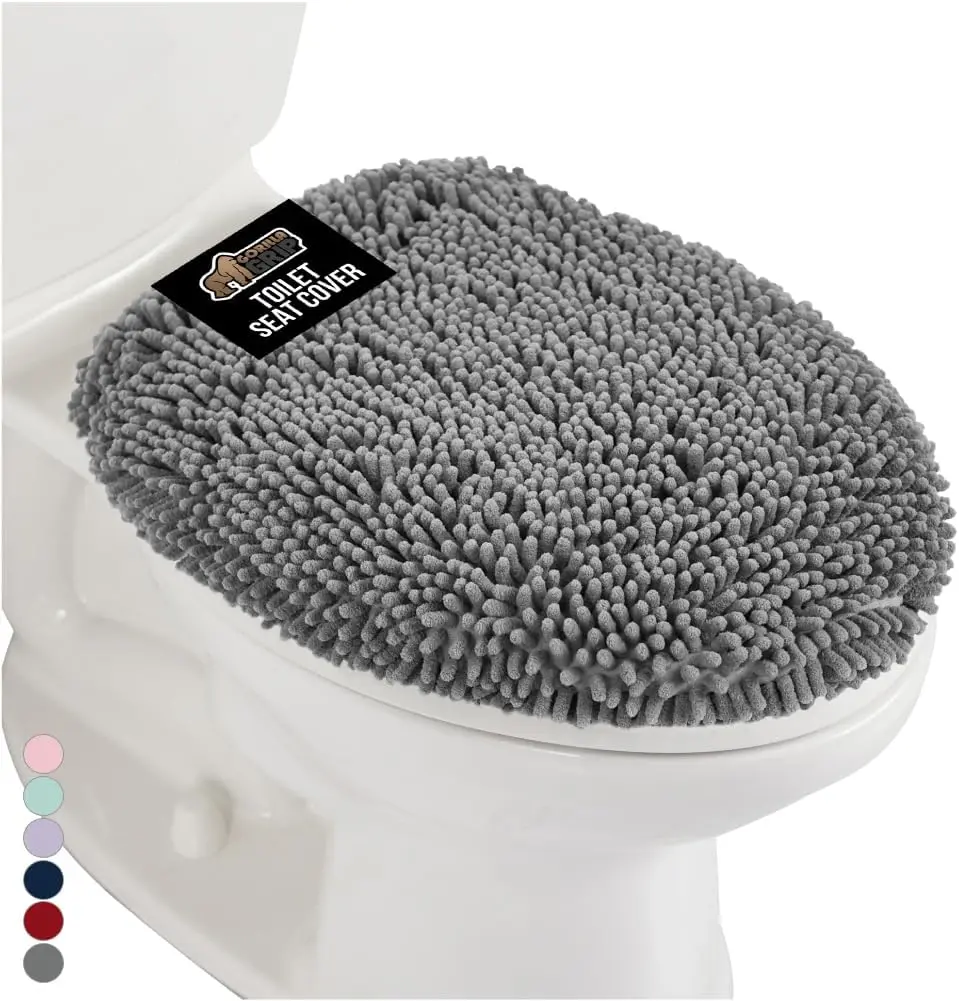 

Soft Chenille Toilet Lid Cover, Machine Washable, Stays in Place with Rubber Backing, Fits Most Round and Elongated Lids, Grey