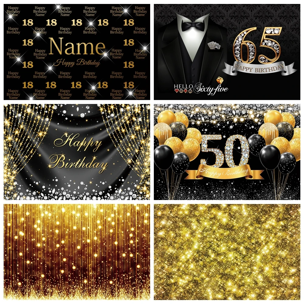 

Gold Black Balloons Adult Birthday Party Photography Backdrop Happy Birthday Poster Decor Banner Photo Background Studio Props