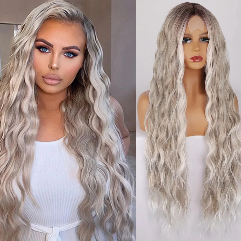 

36 Inch gradient colour Curly Platinum Blonde Wig Long Wavy lace front Blonde Wig for Women Synthetic Middle Part Cosplay Wigs