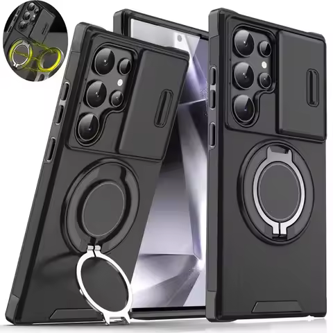 Case For Samsung Galaxy S25 S24 S23 S22 S21 Ultra Plus S24FE S23FE Slide Camera Protect Magnetic holder Armor Shockproof Cover
