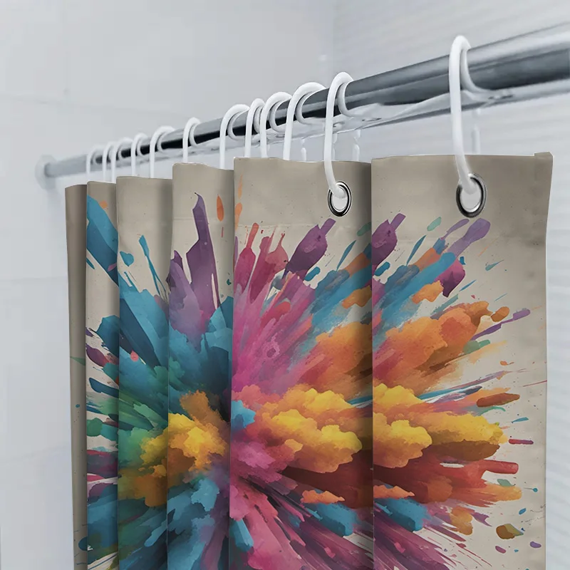 Bunter Duschvorhang, dekorative wasserdichte Badezimmerverkleidung mit blauem, violettem, gelbem rotem Spritzdesign (Größe 72 x 84)