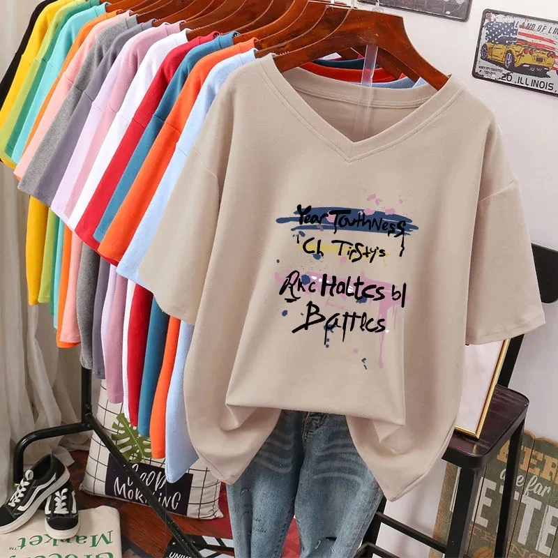 حجم كبير 6XL 150 كجم الصيف رسالة المرأة القطن تي شيرتات عجيبة قصيرة الأكمام الخامس الرقبة سيدة بلايز كبيرة الحجم تي شيرت امرأة الملابس