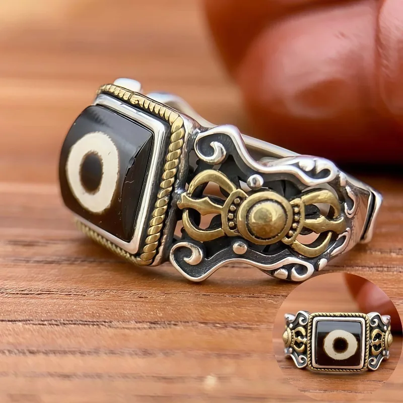 

2026 New Tibetan Double Vajra Dzi Bead Ring, Vintage Ethnic Style, Unisex Luxury Versatile Pinky Ring