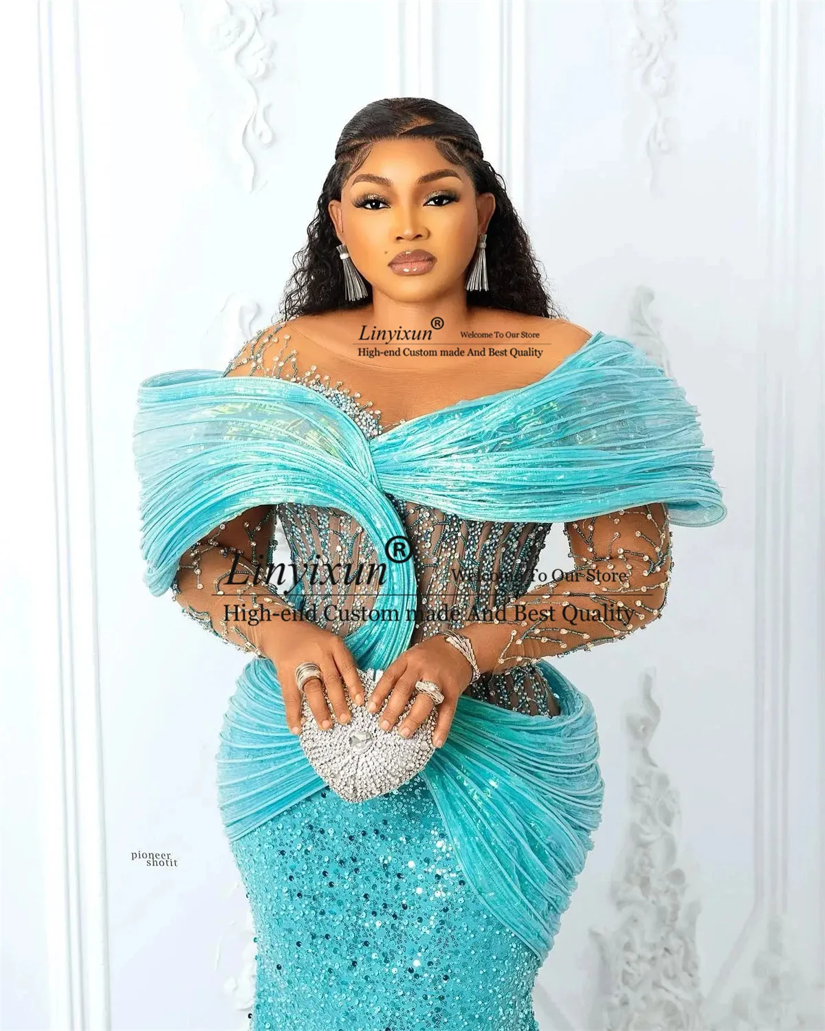 Customized Blue African Prom Dresses Plus Size 3D Pleated Off the Shoulder Evening Gowns Aso Ebi Style Wedding Reception Dress