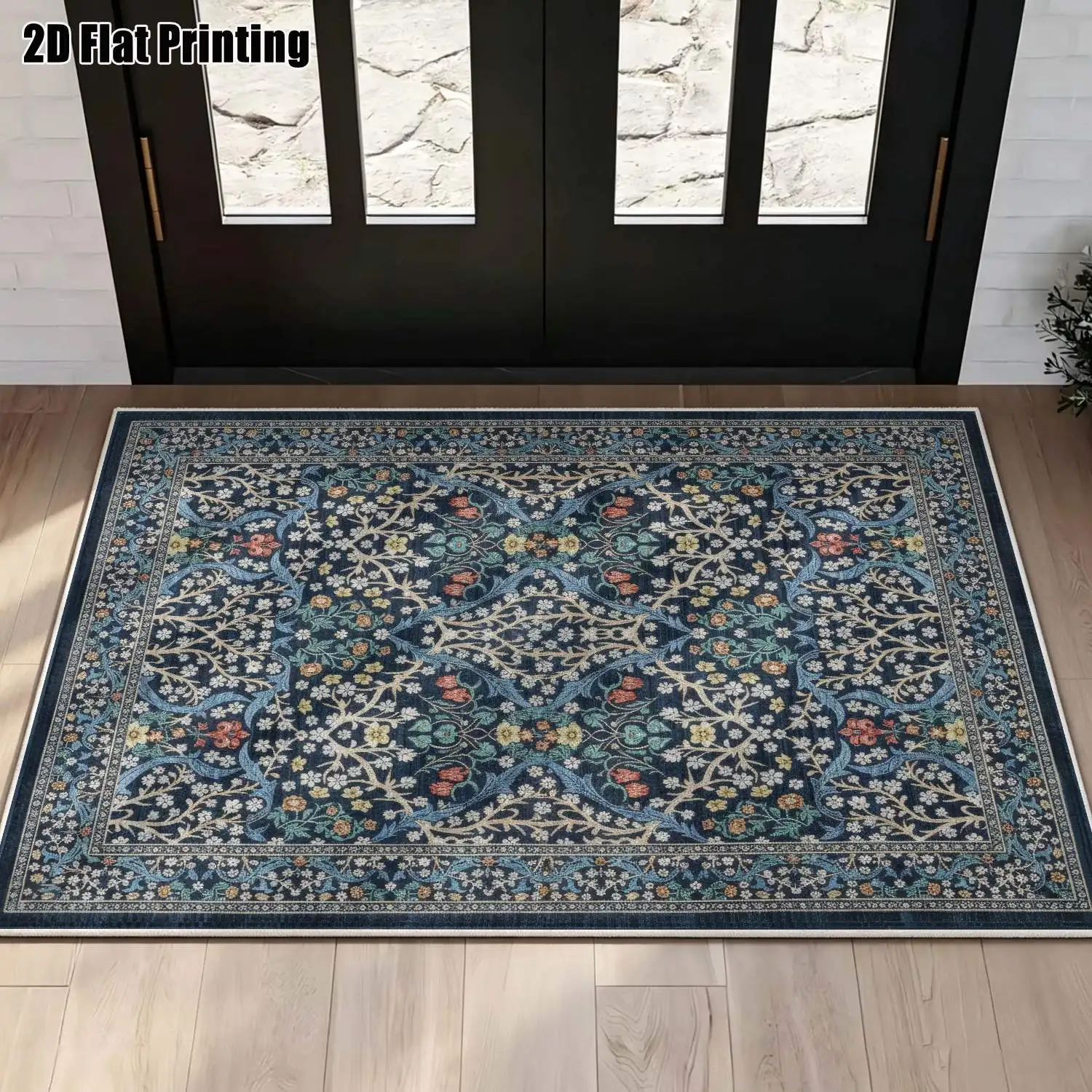 1Pc 2D Printed Velvet Carpet, Dark Blue Base Multicolor Floral, European Vintage Bohemian Geometric, for Home Decor, Machine Washable, Multi-Size & Multi-Use