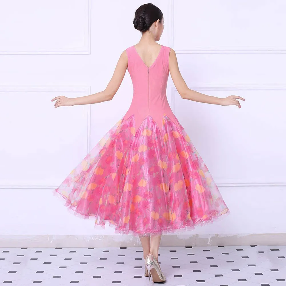 Walzerkleid Neues Ballsaal-Flamenco-Kleid mit Punkten und V-Ausschnitt, Standard-Wettbewerb, schmale Passform, ärmellos, rosa, schöner Gesellschaftstanz