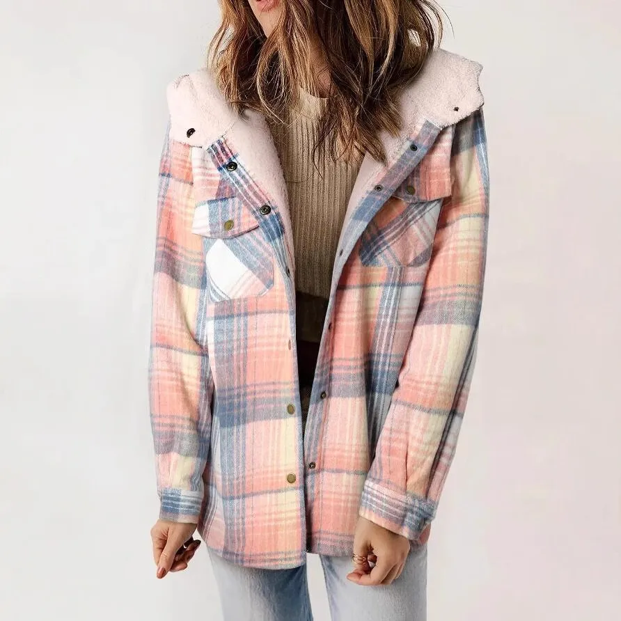 Coat Jacket Plaid Loose Fit Jackets Long Sleeve Hooded Jacket Button Front Shacket Oversized Fit Casual Jacket Pastel Pink Plaid