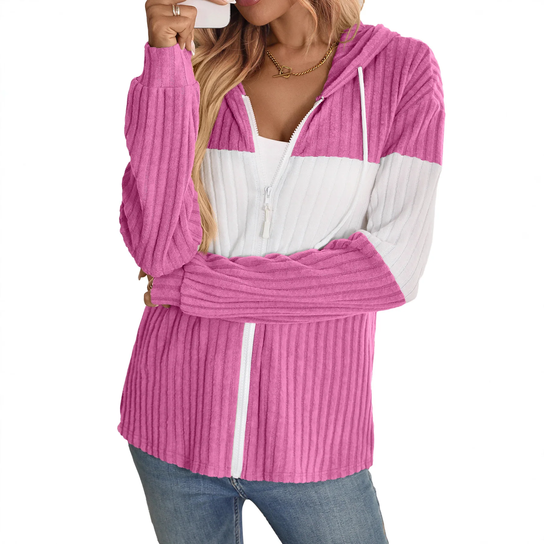 new women's zipper hooded drawstring cardigan, fashionable colorful striped patchwork casual long sleeved striped patchwork colo
