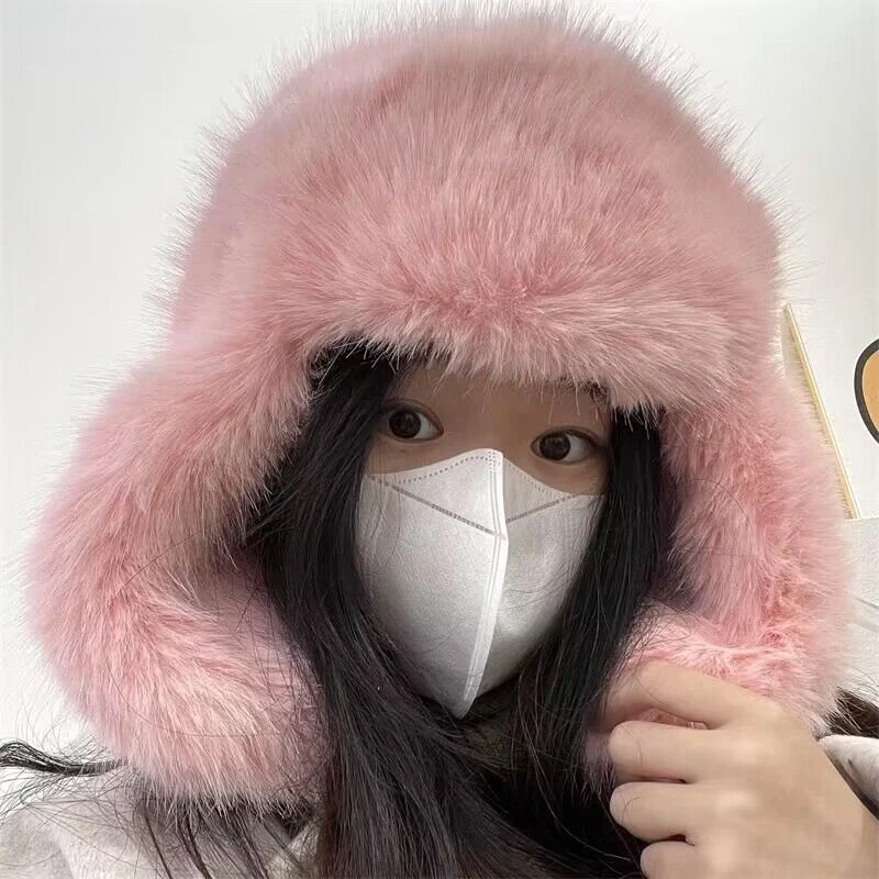 Plush Imitation Mink Hat Women Winter Funny Warm Thickened Bomber Hats Fur Hat Cap Ear Protection Women\'S Ski Cap Chrismas Gift