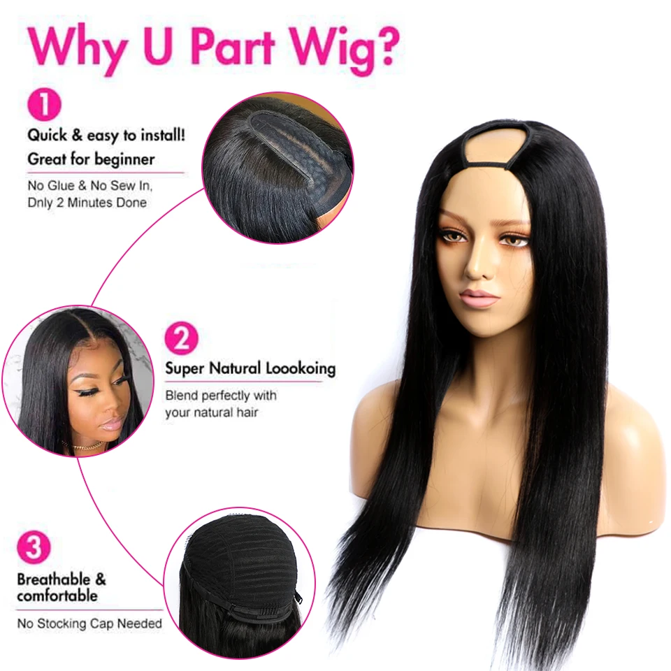 شعر مستعار بشري برازيلي مستقيم من Megeen-Kinky للنساء ، شعر مستعار بجزء من U ، بدون غراء ، شعر مستعار بماكينة ، مبتدئ صديق ، بدون غراء ، 30"