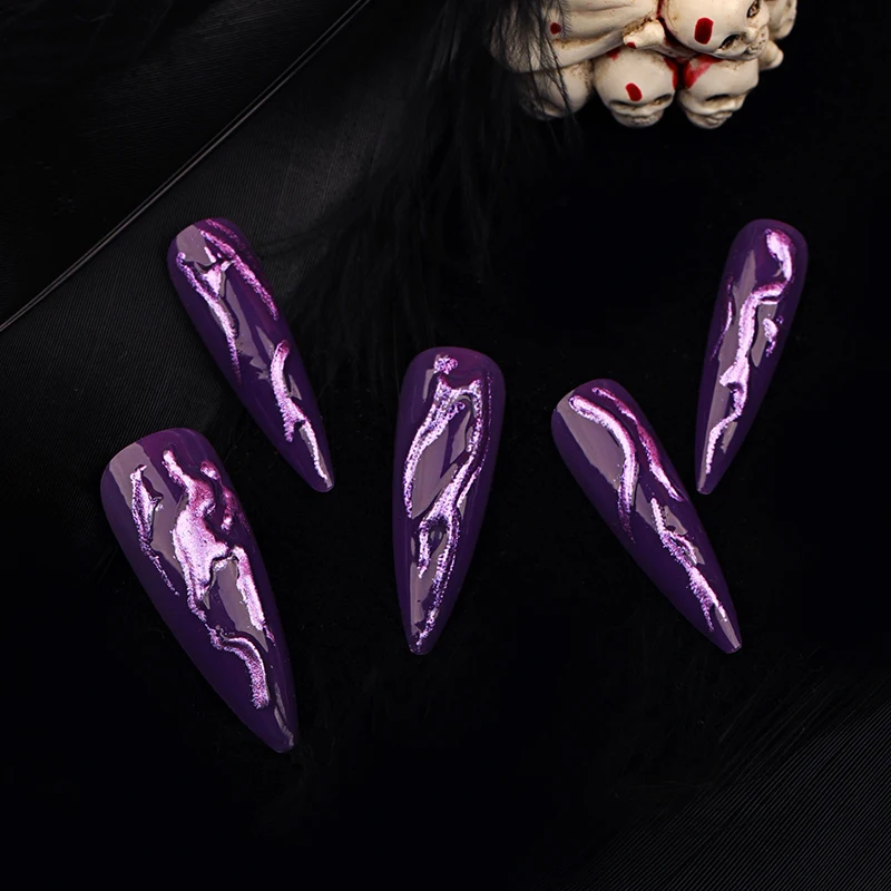 24 pçs halloween unhas falsas roxo espelho mágico em pó 3d imprensa no prego longo estilo pontiagudo europeu e americano unhas falsas