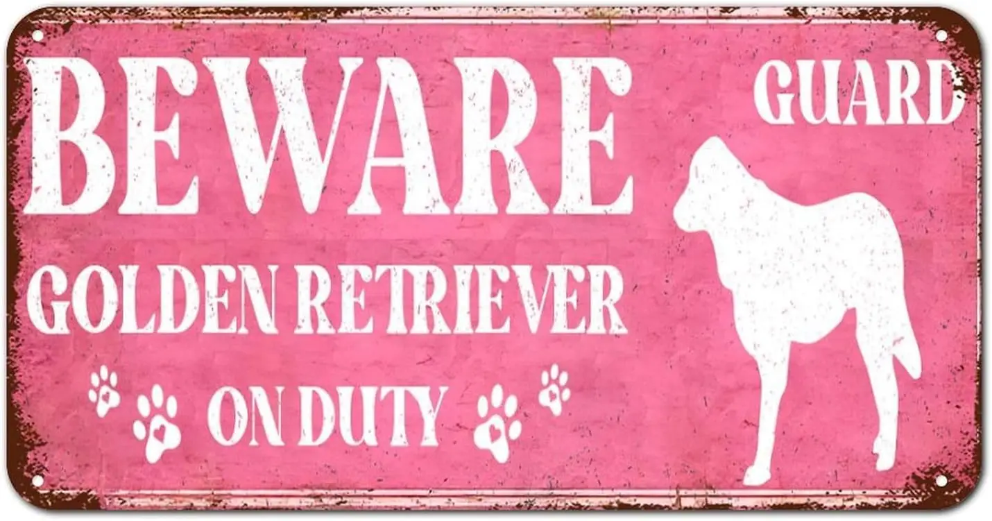 Beware Golden Retriever on Duty Metal Sign Wall Art Golden Retriever Vintage Metal Wall Decor Dog Lover Gift Metal Tin Sign for