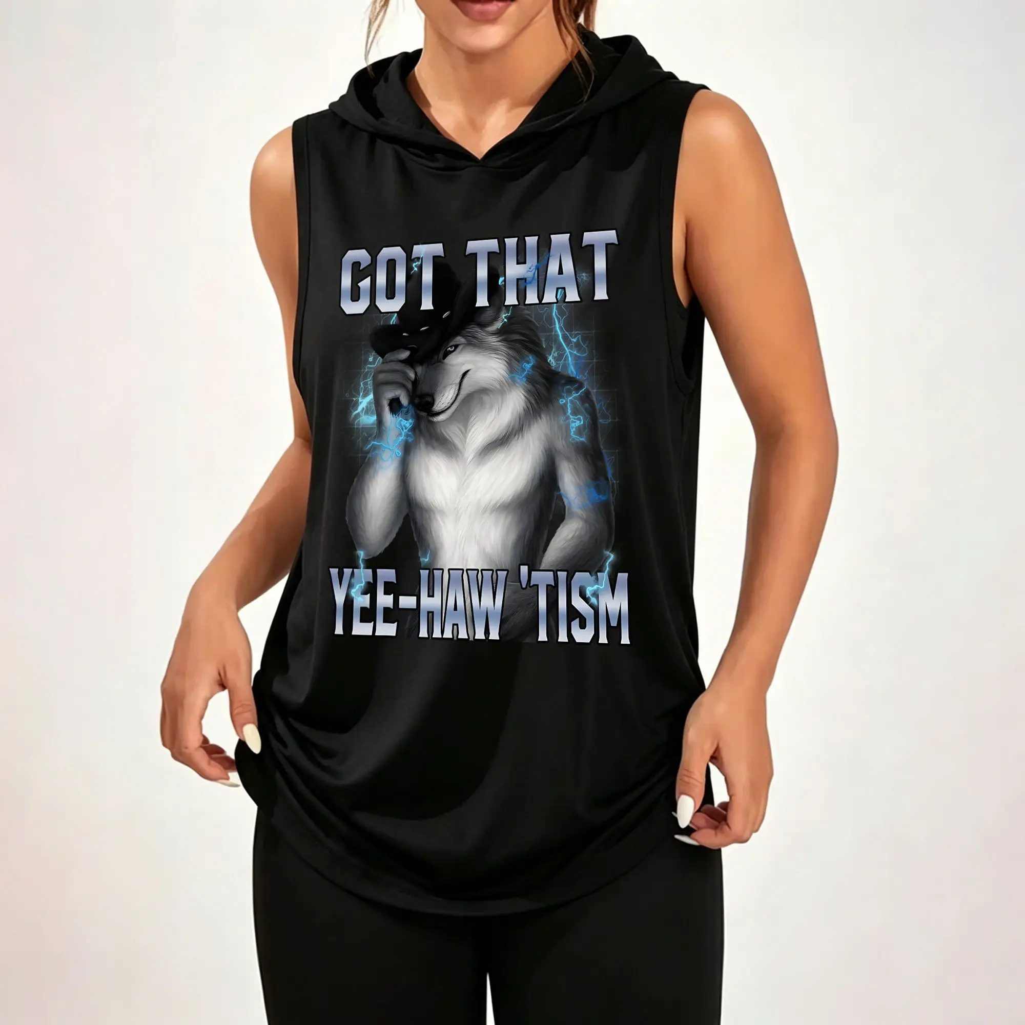 Women's Sleeveless Hoodie, Got That Yee‑Haw'tism Cowboy Wolf Lightning Cool Graphic Print Casual Hooded Tank Top