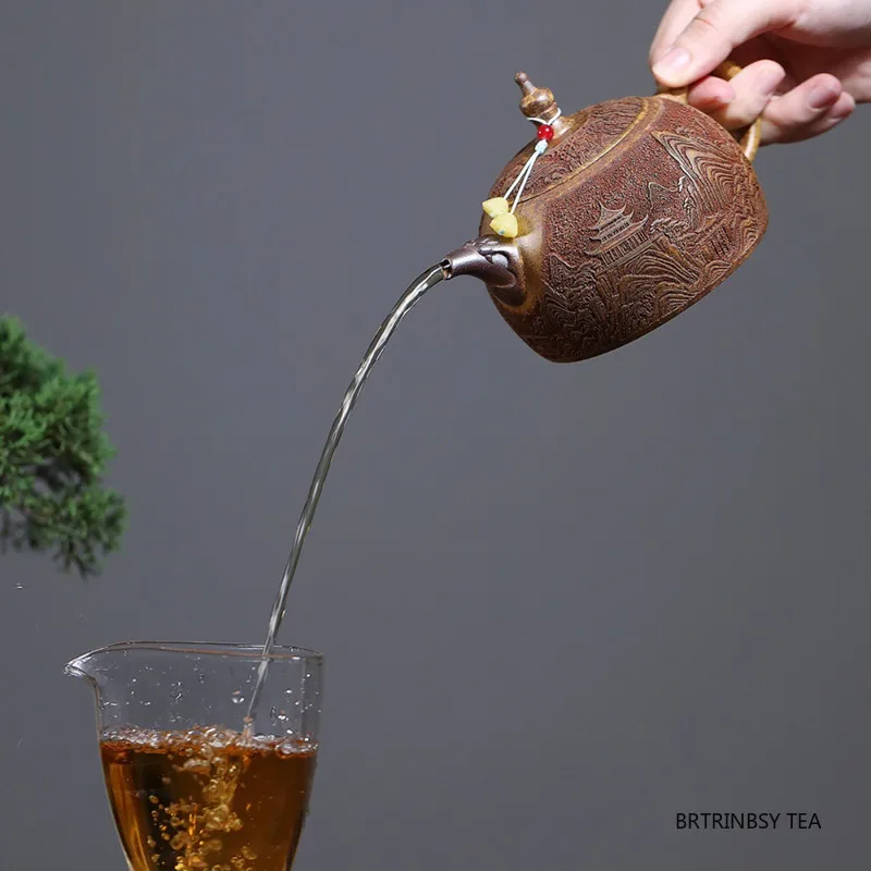 ييشينغ اليدوية الأرجواني الطين إبريق الشاي المنزلية الجمال براد شاي منحوتة باليد المشهد غلاية الصينية Zisha طقم شاي الهدايا 320 مللي