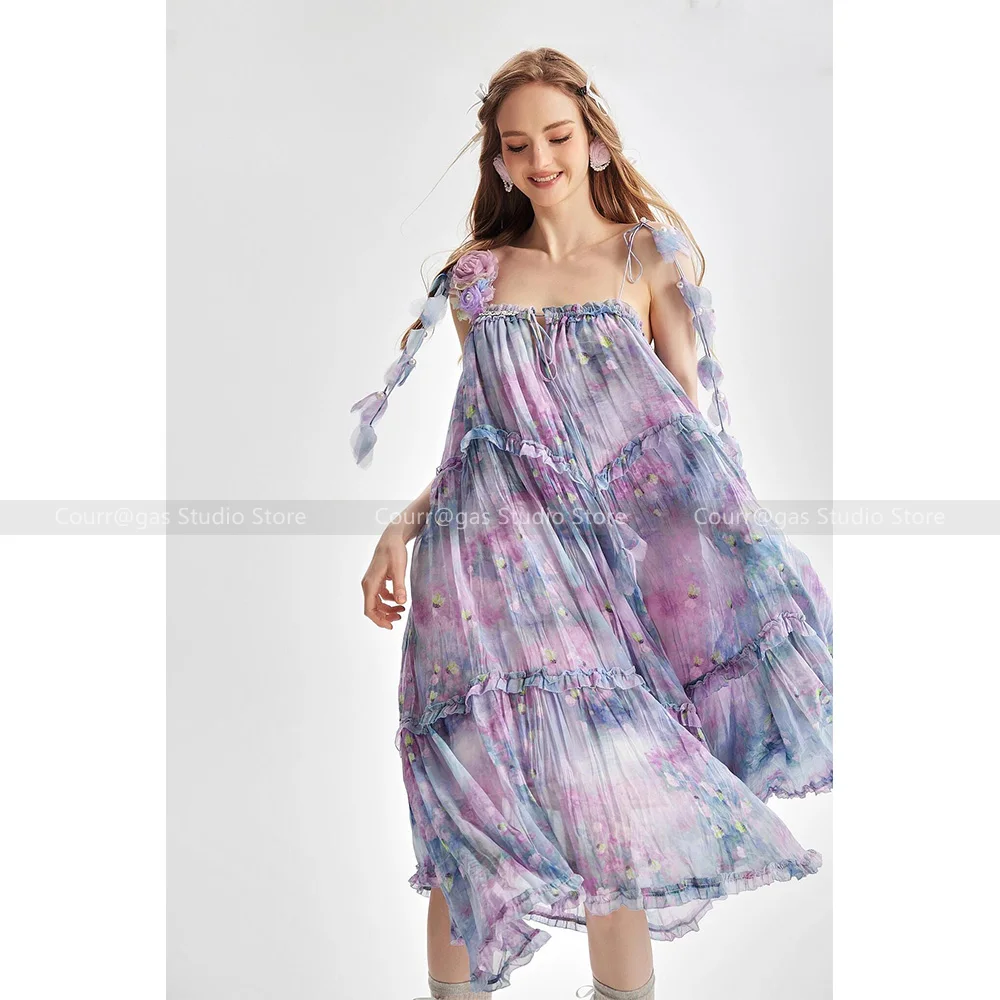 

Romantic purple floral lace-up halter dress 24 spring and summer new ruffled large swing seaside holiday style long dresses