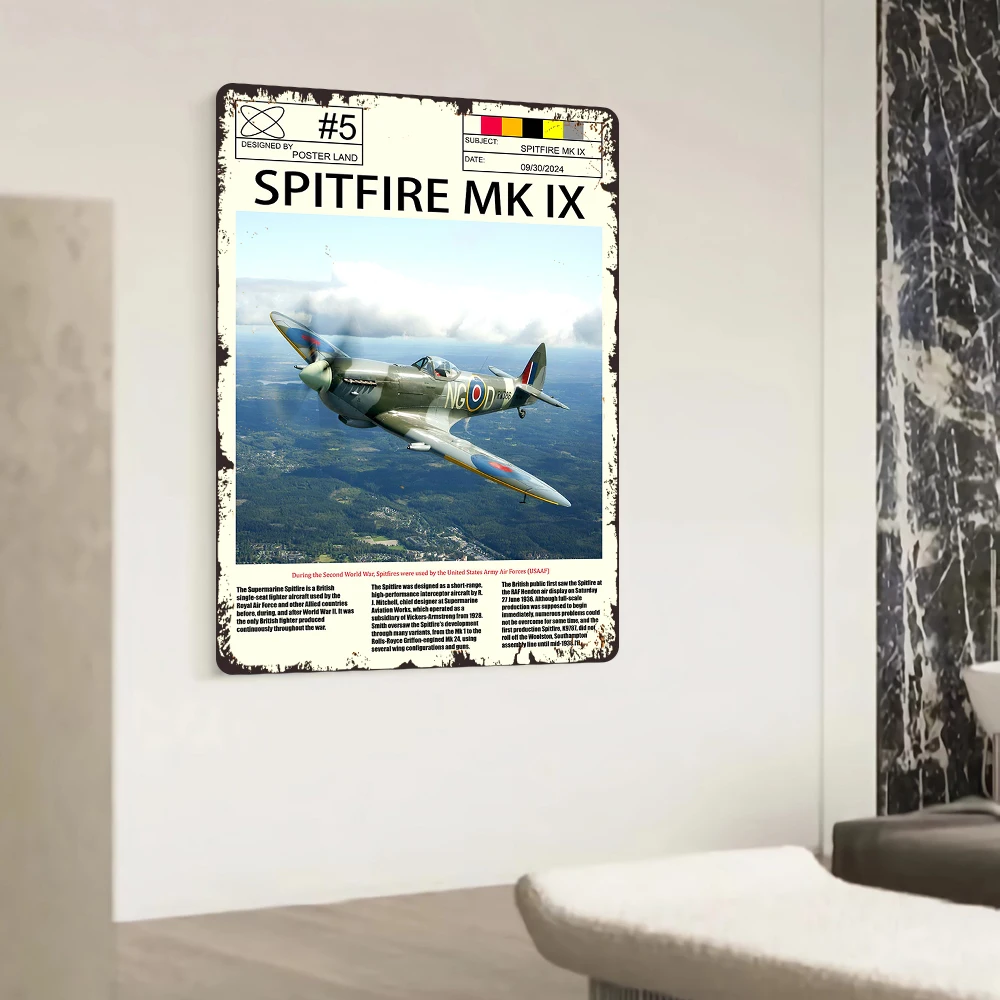 WWII Classic Spitfire MK IX Fighter Metal Wall Art Retro Military Aviation Home Decor Collectible