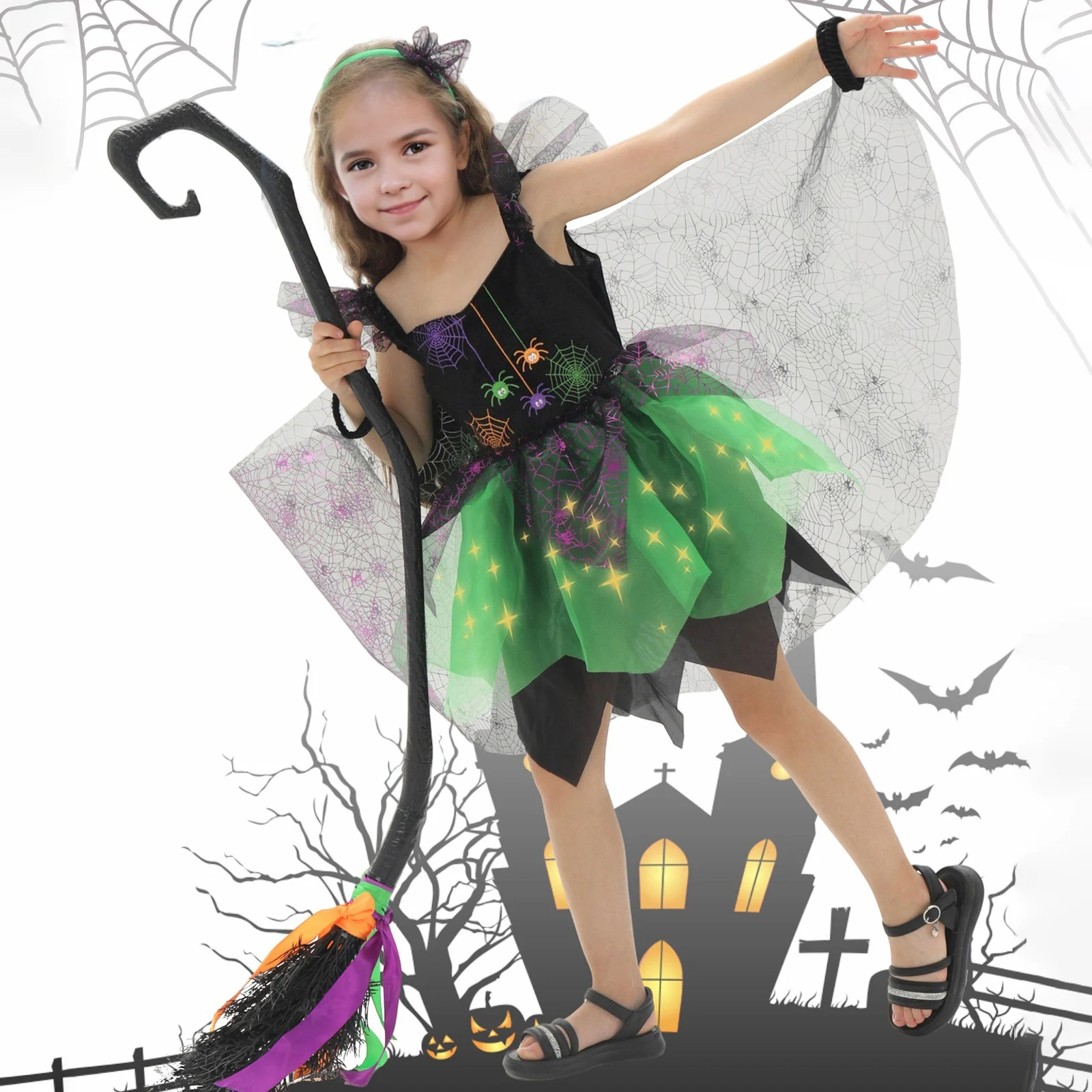 فستان فتاة الهالوين الساحرة بأكمام طائرة وطباعة شبكة العنكبوت من التول مع عصابة رأس ملابس تنكرية